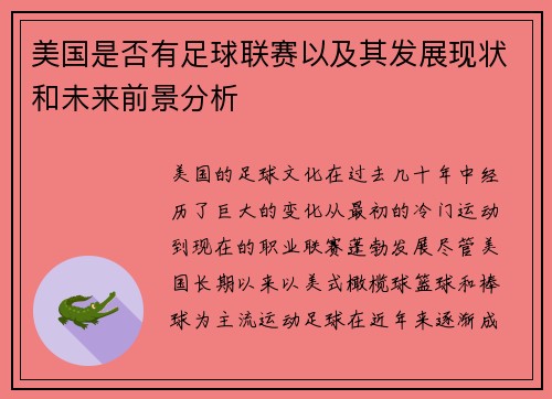 美国是否有足球联赛以及其发展现状和未来前景分析
