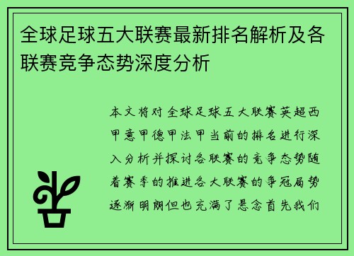 全球足球五大联赛最新排名解析及各联赛竞争态势深度分析